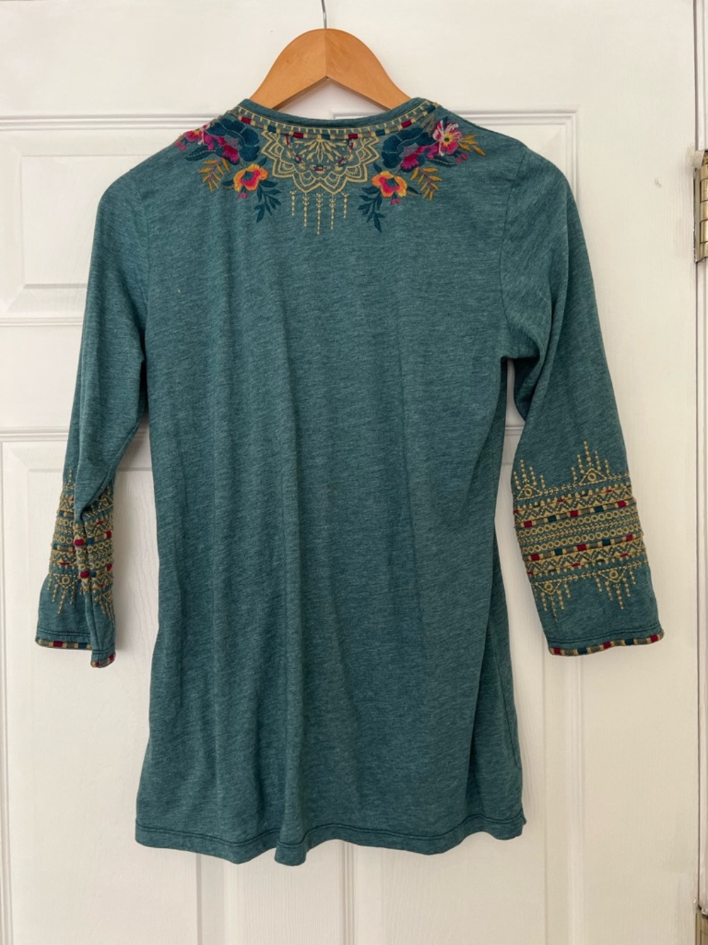 Johnny Was Teal V-Neck Tunic with Multicolor Floral Embroidery - Picture 3 of 6